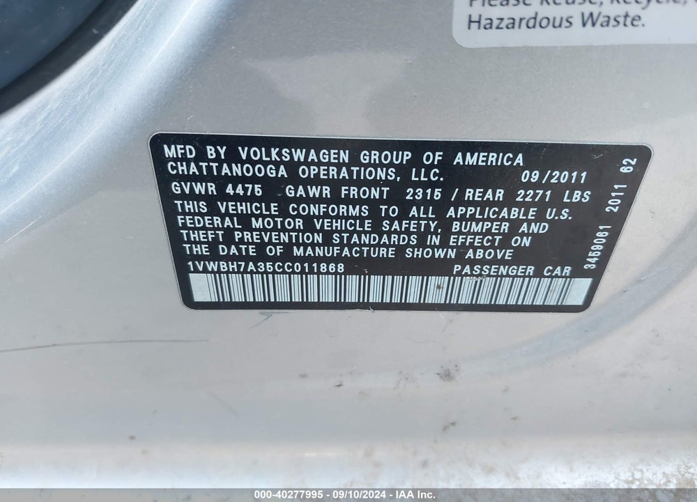 2012 VOLKSWAGEN PASSAT 2.5L SE VIN: 1VWBH7A35CC011868