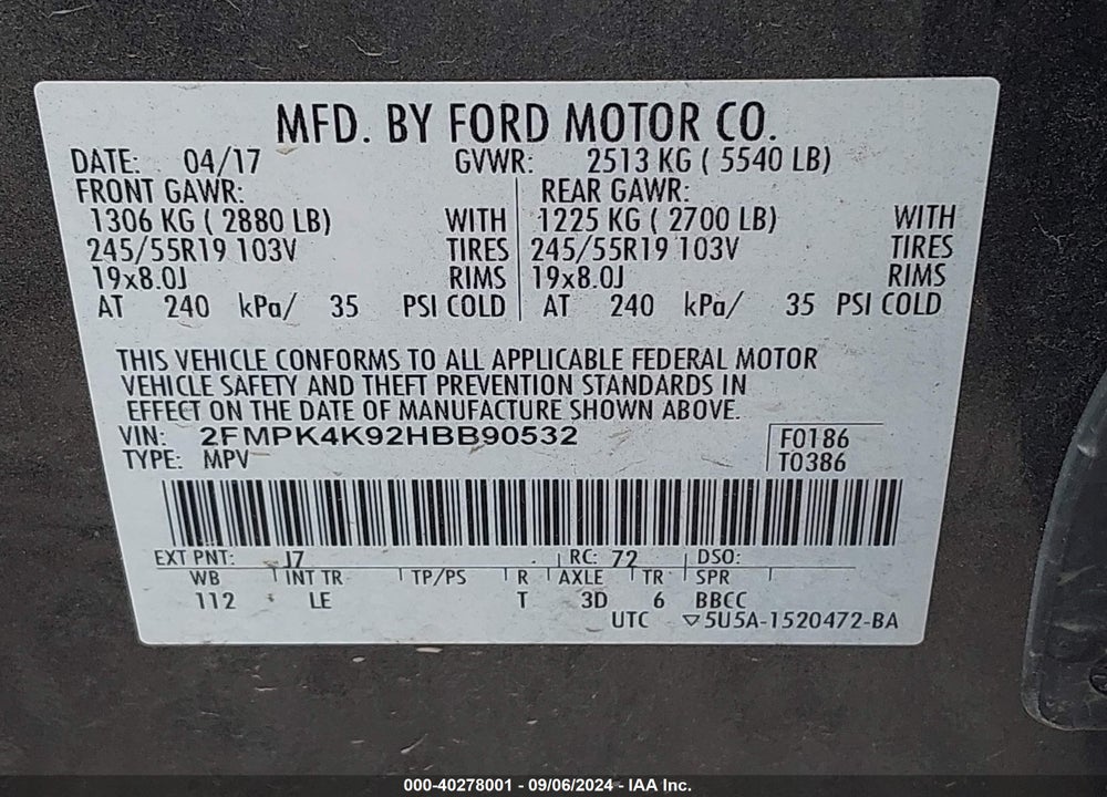 2017 FORD EDGE TITANIUM VIN: 2FMPK4K92HBB90532