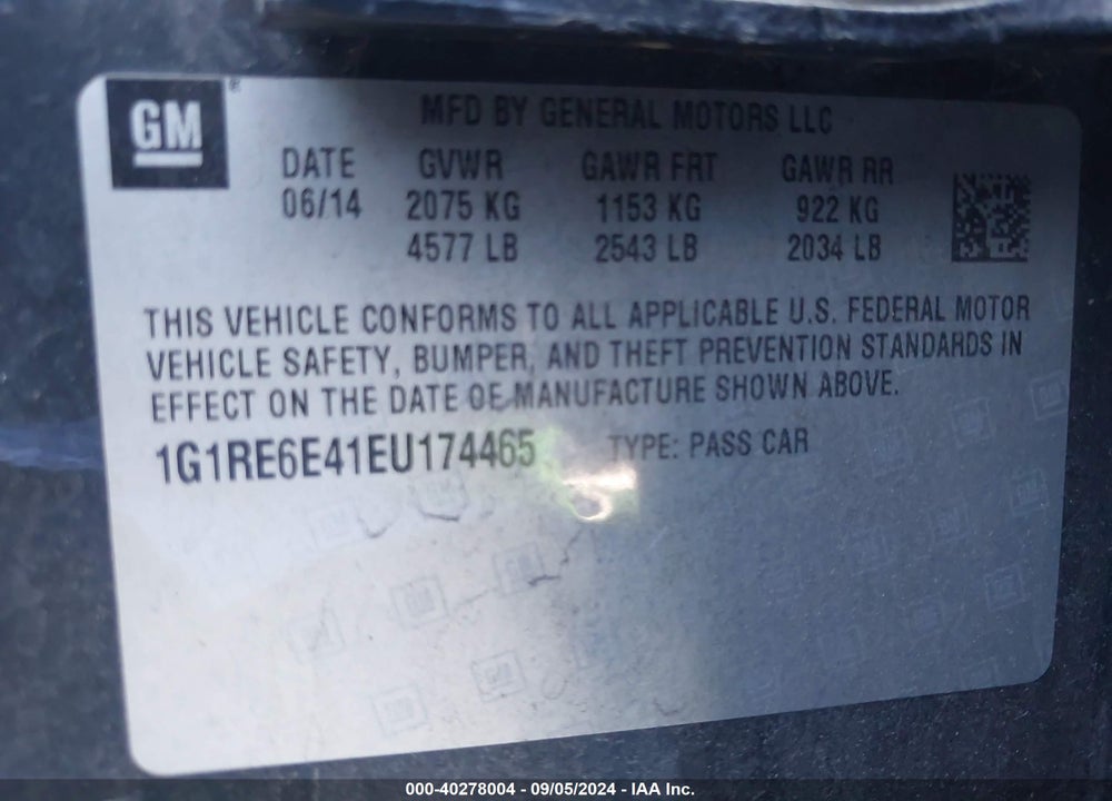 2014 CHEVROLET VOLT VIN: 1G1RE6E41EU174465