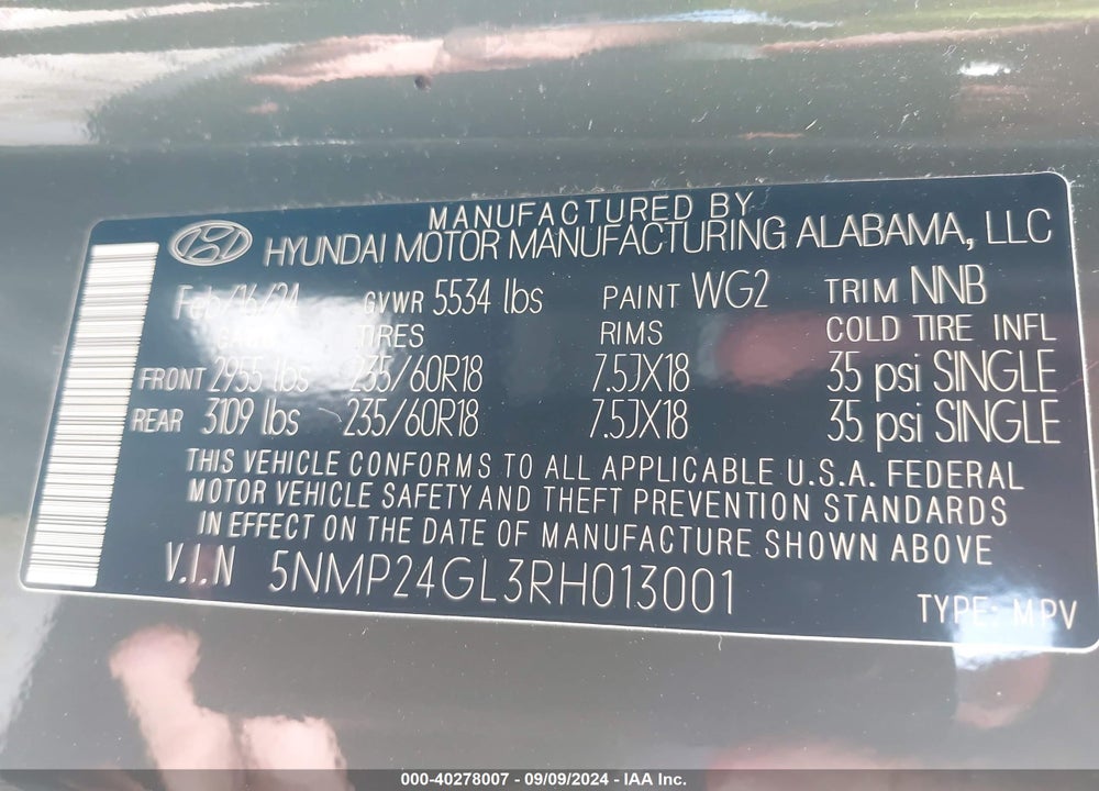 2024 HYUNDAI SANTA FE SEL VIN: 5NMP24GL3RH013001