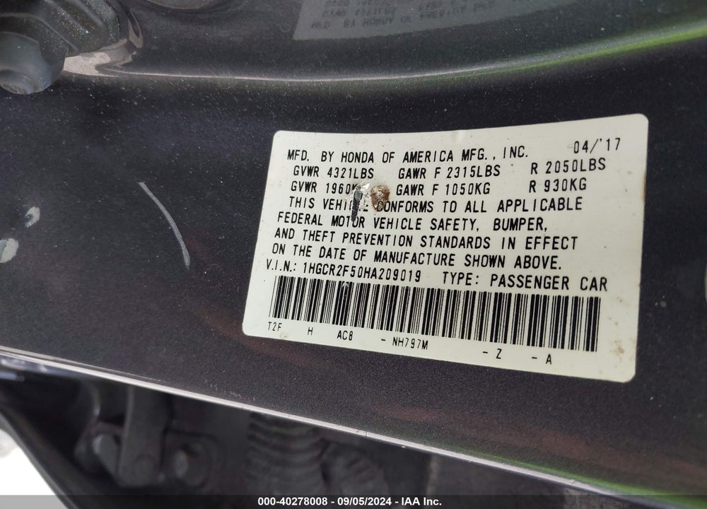 2017 HONDA ACCORD SPORT VIN: 1HGCR2F50HA209019