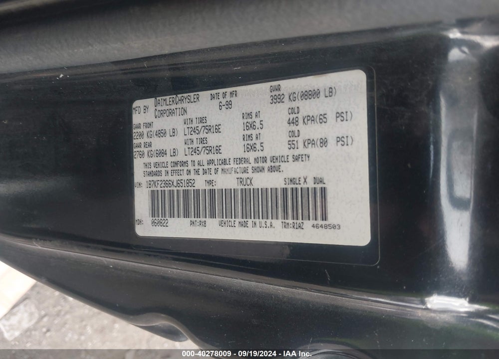 1999 DODGE RAM 2500 ST VIN: 1B7KF2366XJ651852