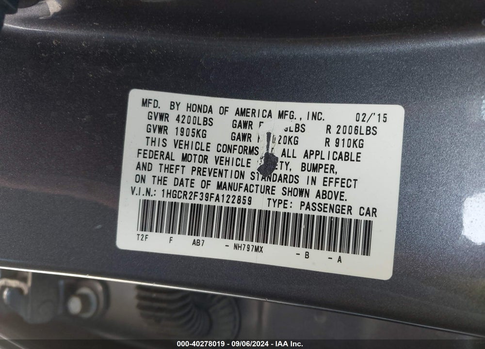 2015 HONDA ACCORD VIN: 1HGCR2F39FA122859