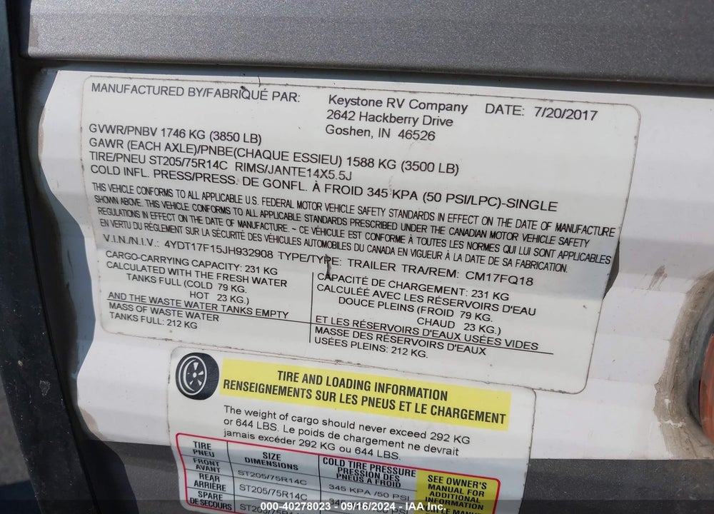 2018 COLEMAN LANTERN VIN: 4YDT17F15JH932908