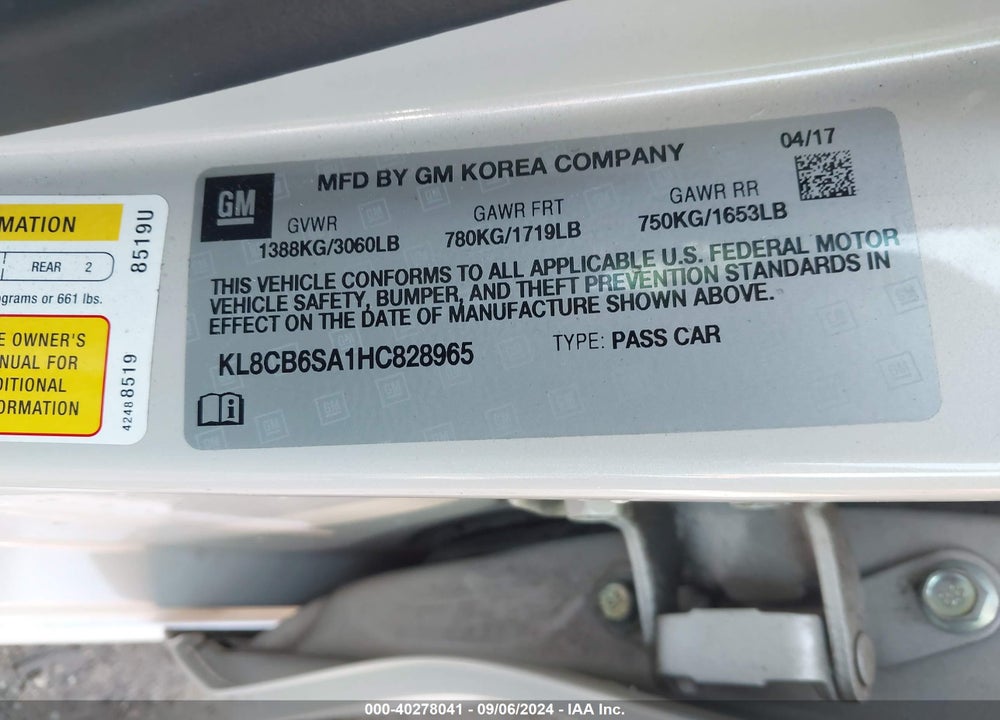 2017 CHEVROLET SPARK LS CVT VIN: KL8CB6SA1HC828965