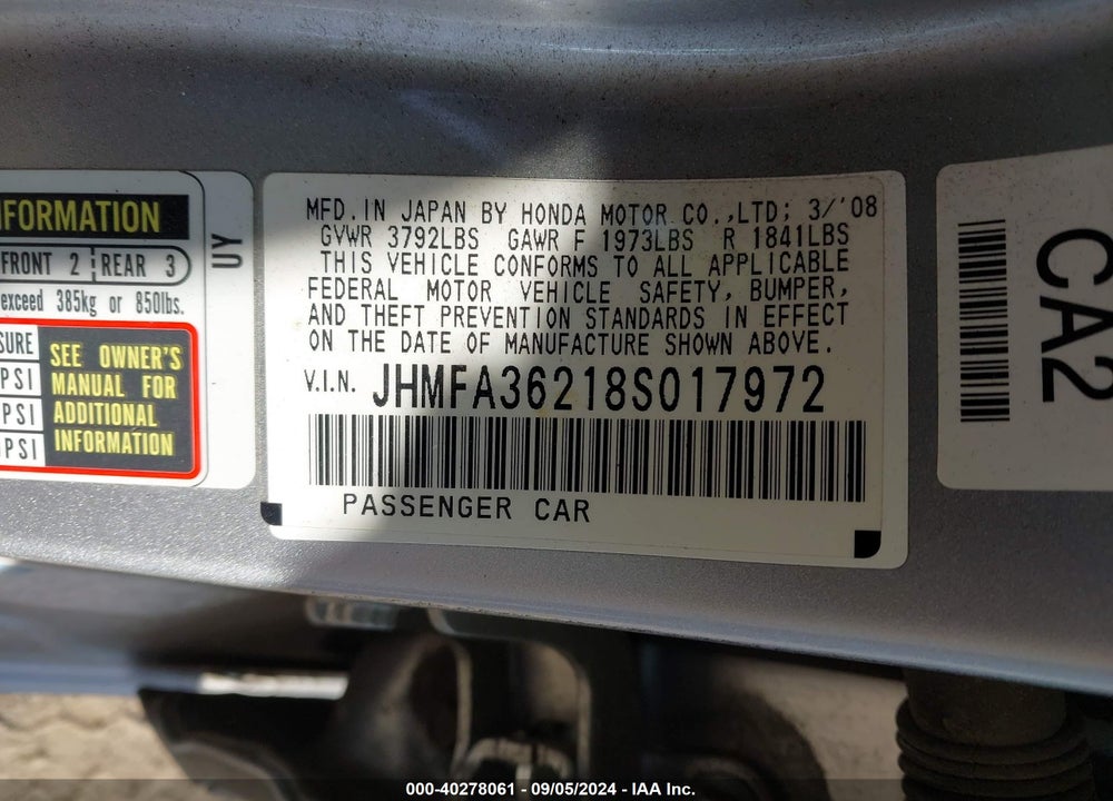 2008 HONDA CIVIC HYBRID VIN: JHMFA36218S017972
