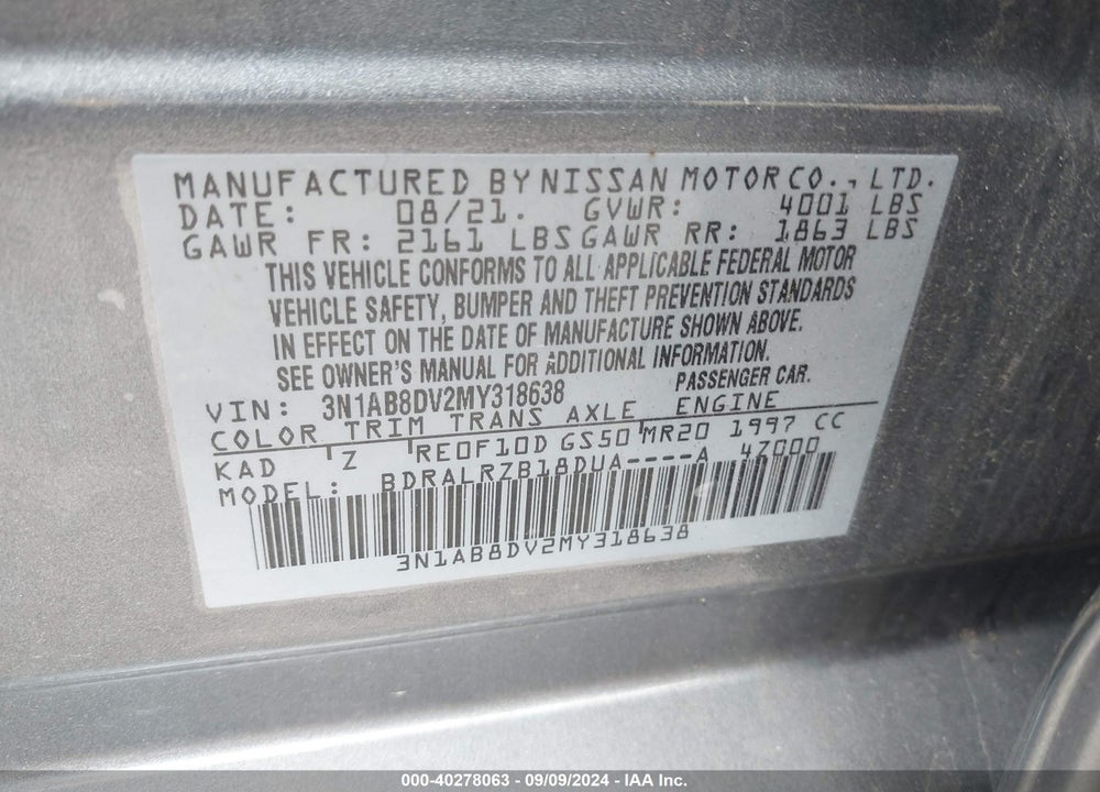 2021 NISSAN SENTRA VIN: 3N1AB8DV2MY318638