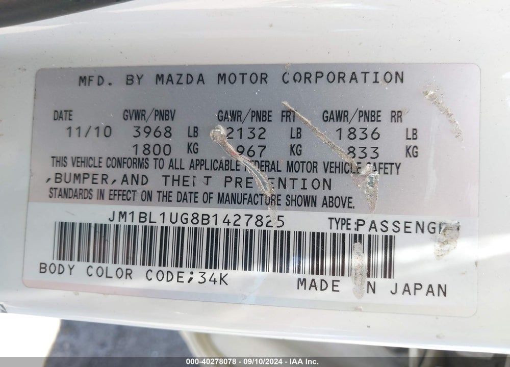 2011 MAZDA 3 I SPORT VIN: JM1BL1UG8B1427825