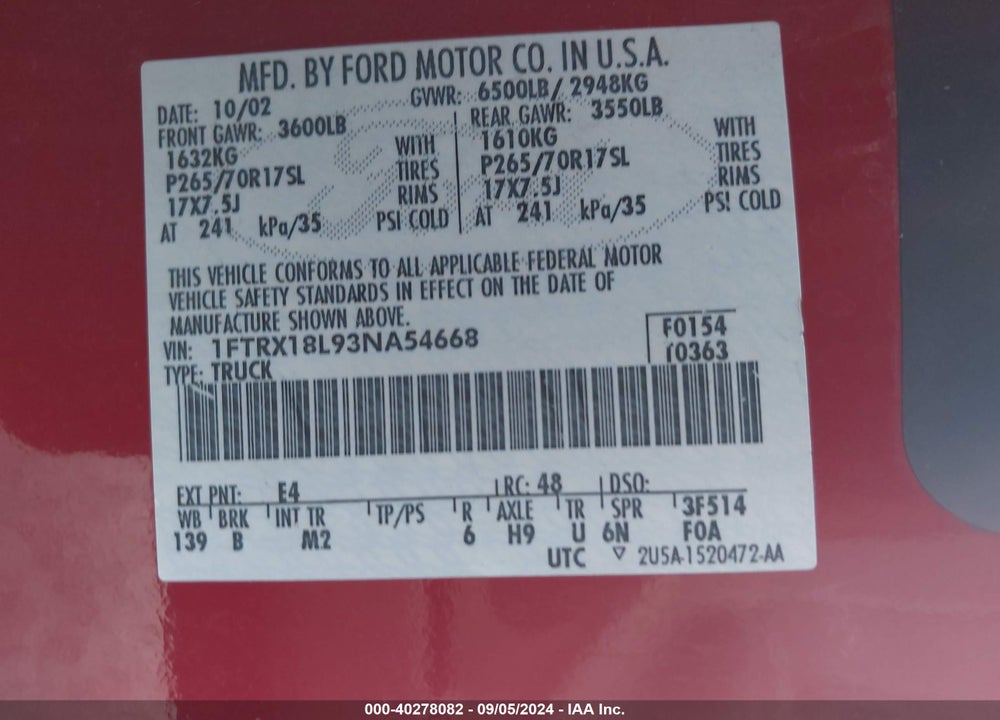 2003 FORD F-150 LARIAT/XL/XLT VIN: 1FTRX18L93NA54668