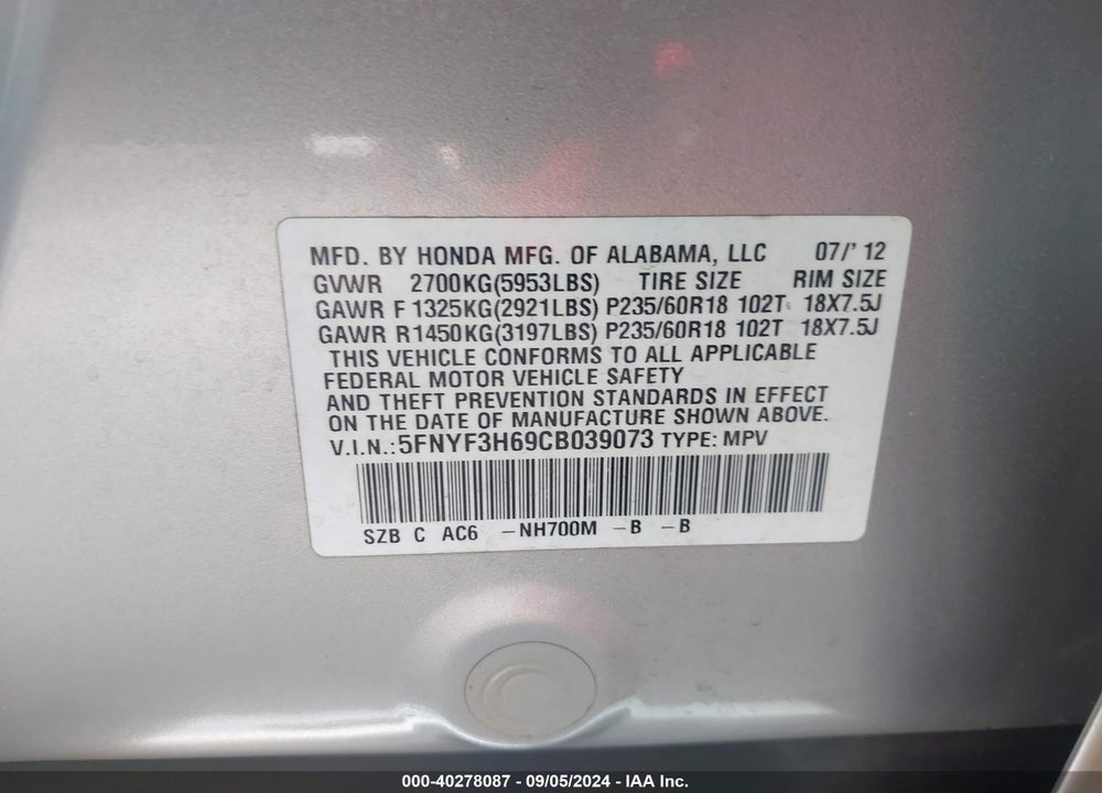2012 HONDA PILOT EX-L VIN: 5FNYF3H69CB039073