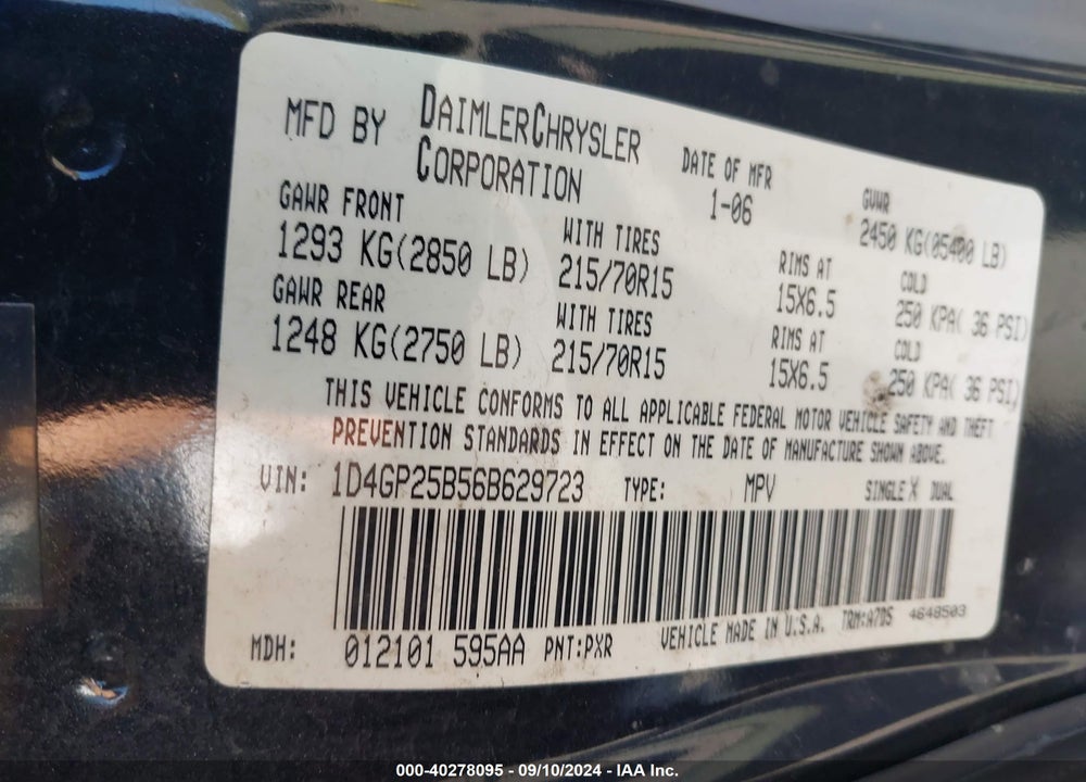 2006 DODGE CARAVAN SE VIN: 1D4GP25B56B629723
