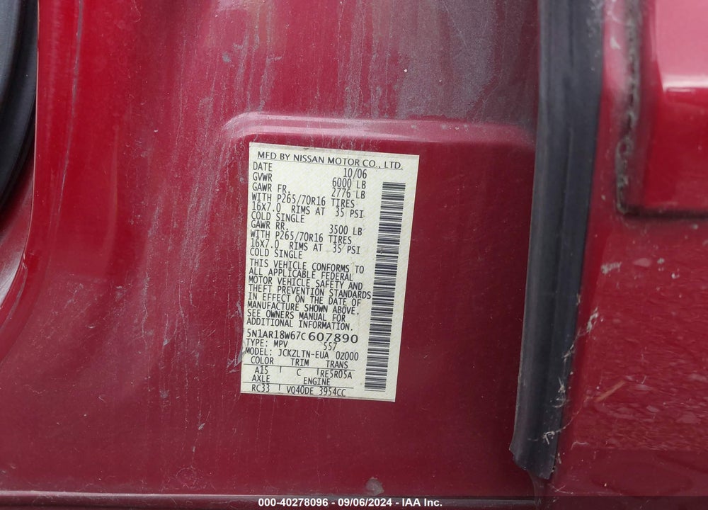 2007 NISSAN PATHFINDER SE VIN: 5N1AR18W67C607890