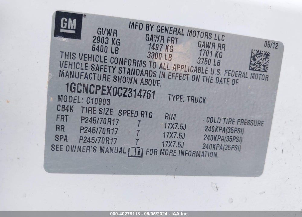 2012 CHEVROLET SILVERADO 1500 WORK TRUCK VIN: 1GCNCPEX0CZ314761