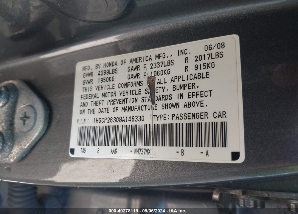 2008 HONDA ACCORD 2.4 LX VIN: 1HGCP26308A149330