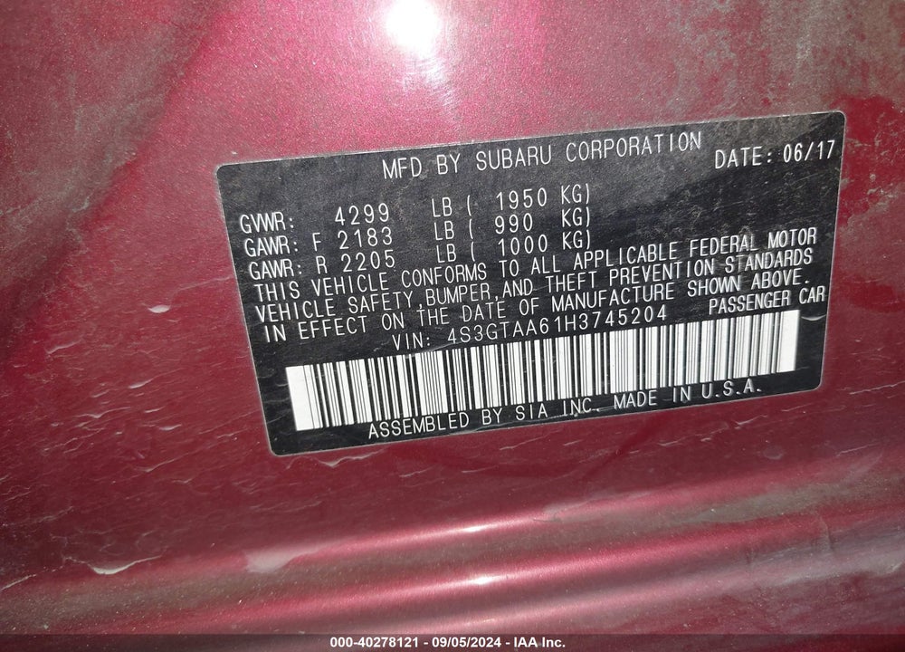 2017 SUBARU IMPREZA 2.0I VIN: 4S3GTAA61H3745204