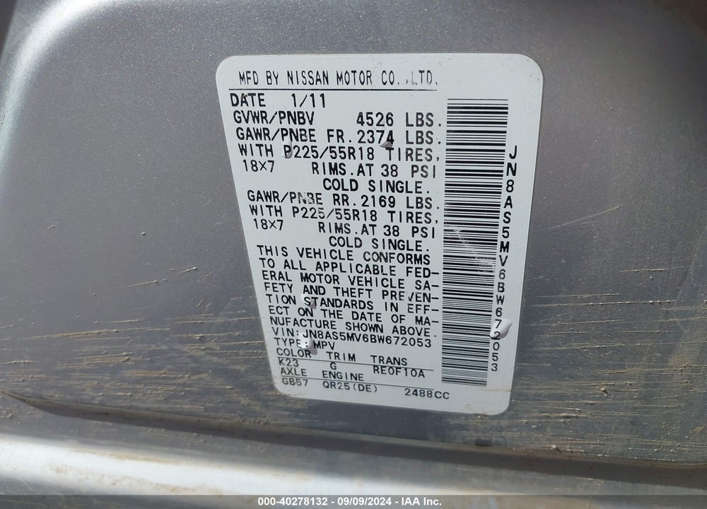 2011 NISSAN ROGUE SV VIN: JN8AS5MV6BW672053