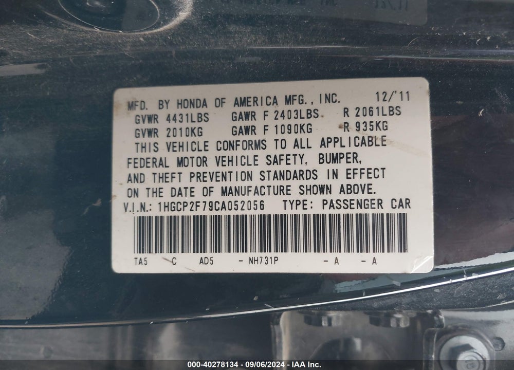 2012 HONDA ACCORD 2.4 EX VIN: 1HGCP2F79CA052056