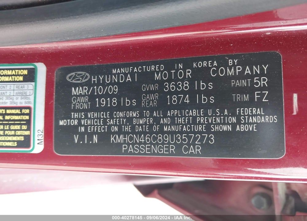 2009 HYUNDAI ACCENT GLS VIN: KMHCN46C89U357273