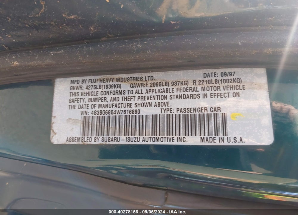 1998 SUBARU LEGACY OUTBACK/OUTBACK LIMITED/OUTBACK SPORT VIN: 4S3BG6854W7616890