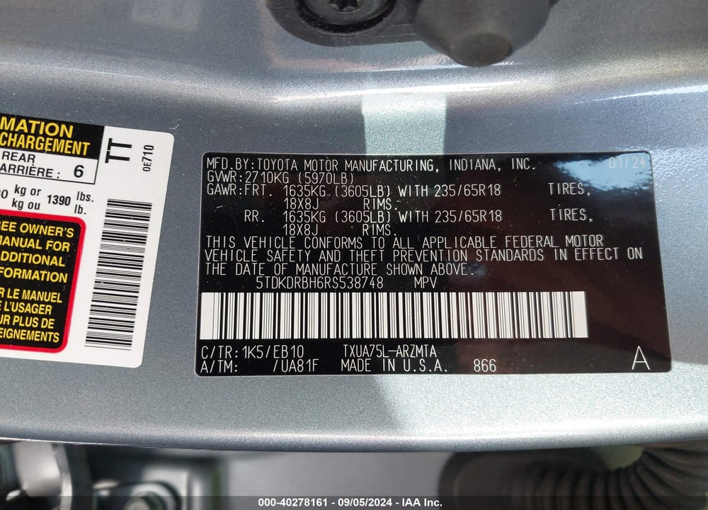 2024 TOYOTA HIGHLANDER XLE VIN: 5TDKDRBH6RS538748