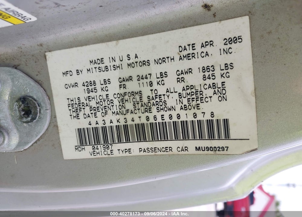 2006 MITSUBISHI ECLIPSE VIN: 4A3AK34T06E001078