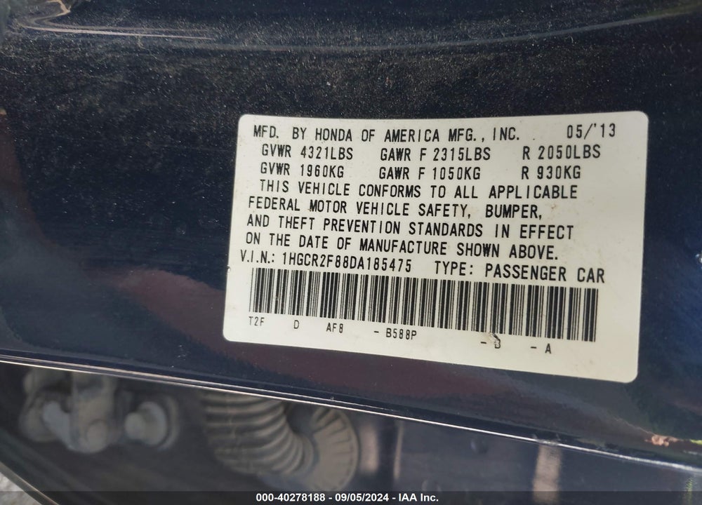 2013 HONDA ACCORD EX-L VIN: 1HGCR2F88DA185475