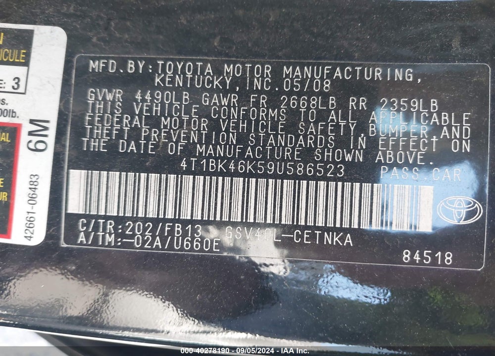 2009 TOYOTA CAMRY LE V6 VIN: 4T1BK46K59U586523