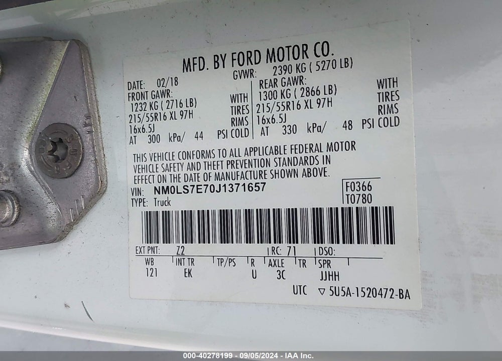 2018 FORD TRANSIT CONNECT XL VIN: NM0LS7E70J1371657