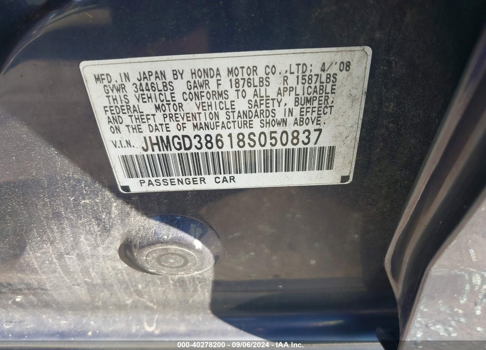 2008 HONDA FIT SPORT VIN: JHMGD38618S050837
