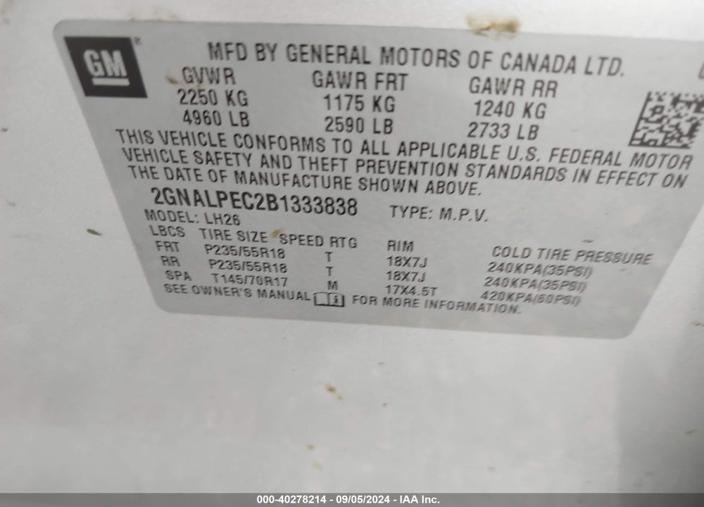 2011 CHEVROLET EQUINOX VIN: 2GNALPEC2B1333838