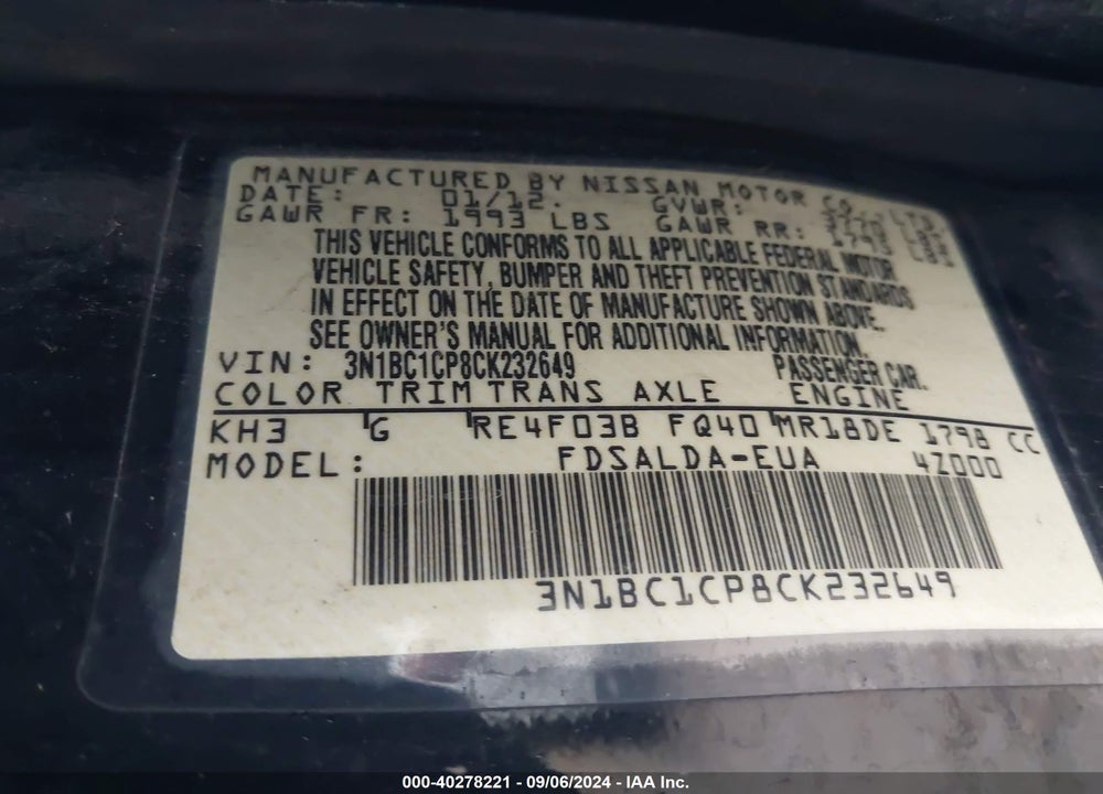 2012 NISSAN VERSA 1.8 S VIN: 3N1BC1CP8CK232649