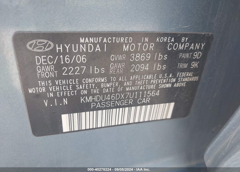 2007 HYUNDAI ELANTRA GLS/LIMITED/SE VIN: KMHDU46DX7U111564