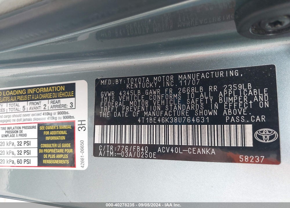 2008 TOYOTA CAMRY VIN: 4T1BE46K38U764631