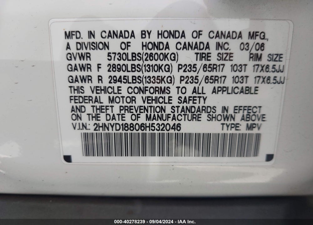 2006 ACURA MDX VIN: 2HNYD18806H532046