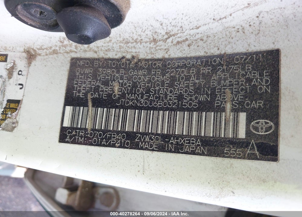 2011 TOYOTA PRIUS TWO VIN: JTDKN3DU6B0321505