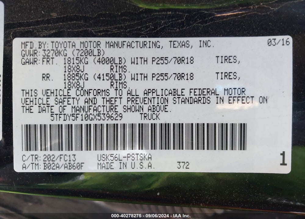 2016 TOYOTA TUNDRA SR5 5.7L V8 VIN: 5TFDY5F10GX539629