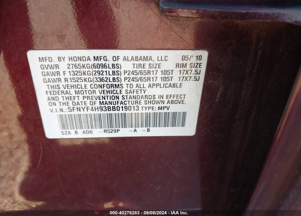 2011 HONDA PILOT TOURING VIN: 5FNYF4H93BB019013