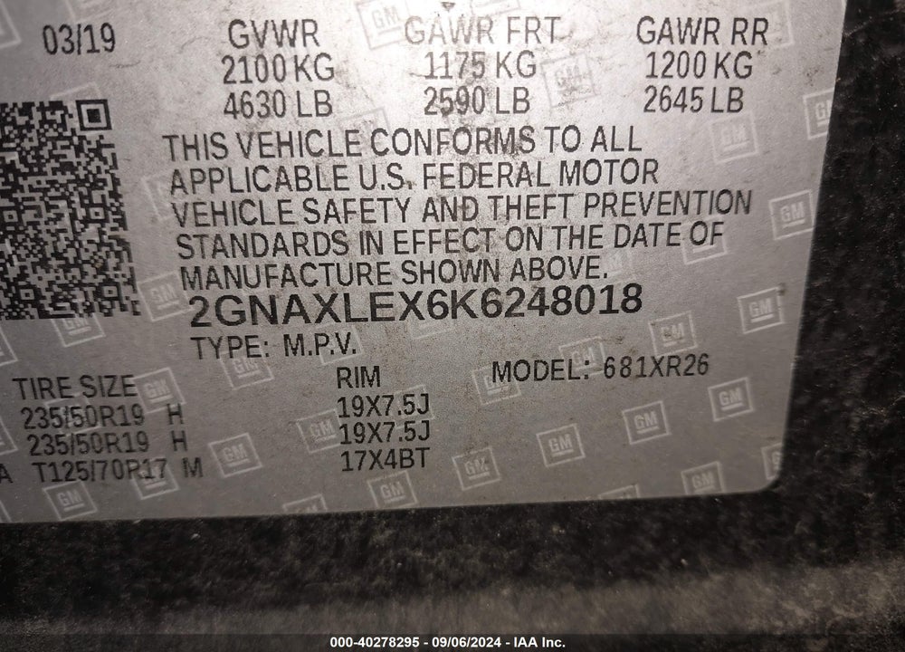 2019 CHEVROLET EQUINOX LT VIN: 2GNAXLEX6K6248018