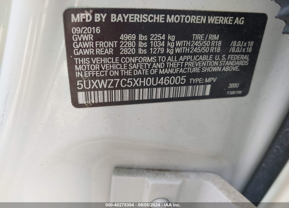 2017 BMW X3 SDRIVE28I VIN: 5UXWZ7C5XH0U46005