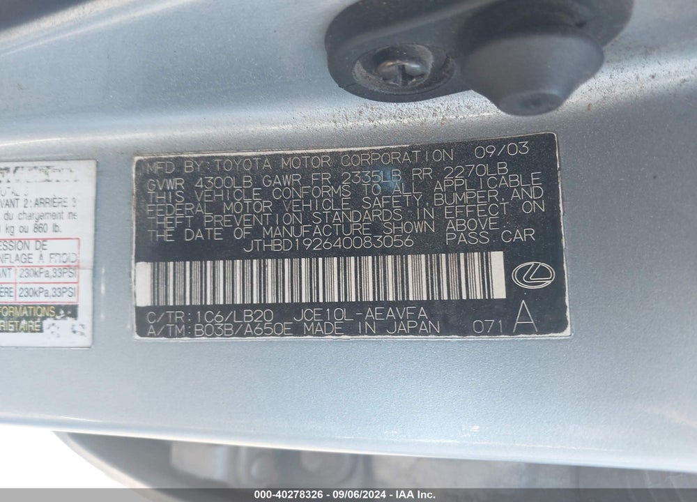 2004 LEXUS IS 300 VIN: JTHBD192640083056