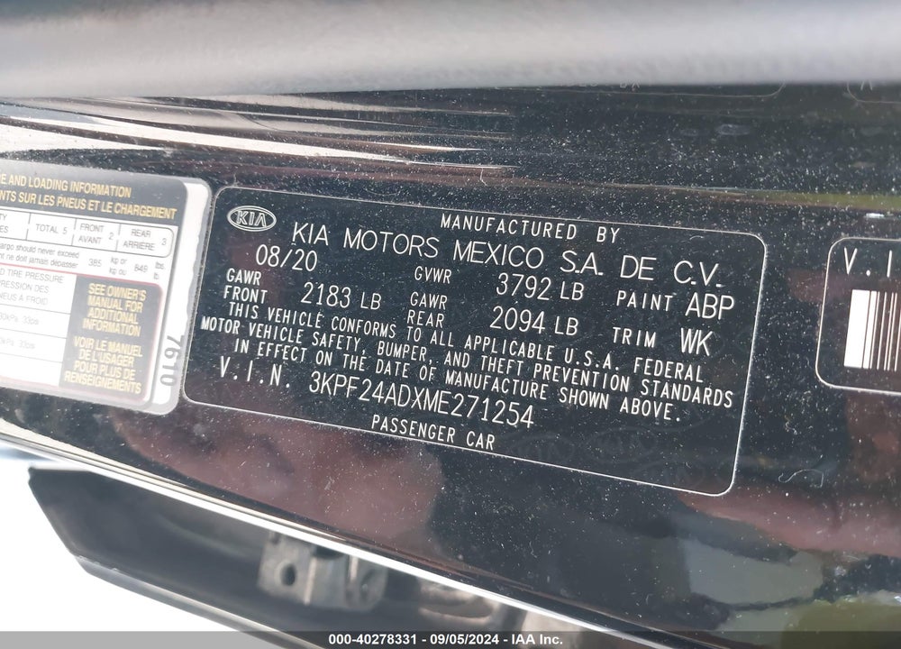 2021 KIA FORTE LXS VIN: 3KPF24ADXME271254