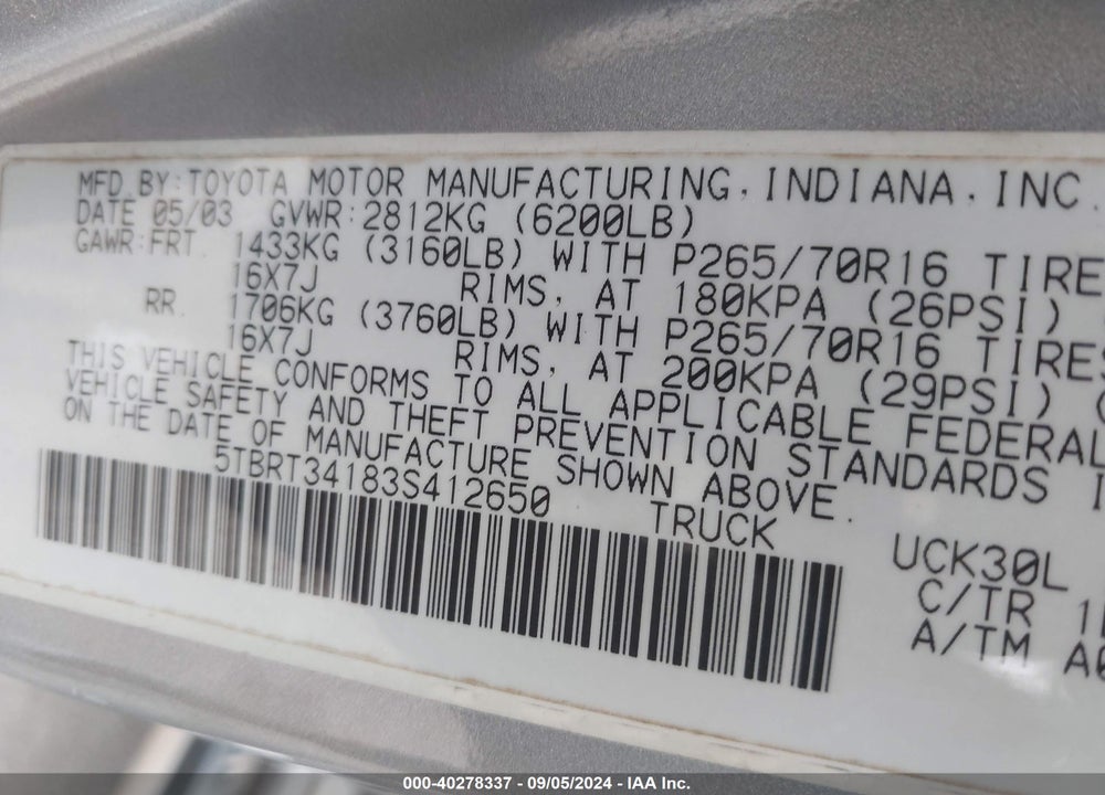 2003 TOYOTA TUNDRA SR5 V8 VIN: 5TBRT34183S412650