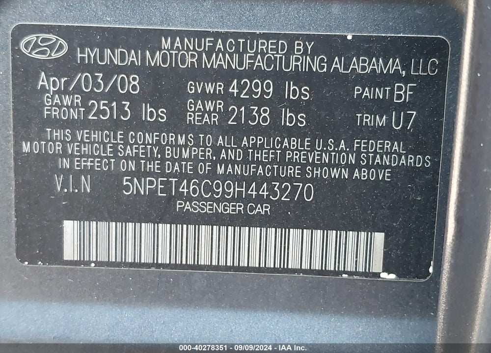 2009 HYUNDAI SONATA GLS VIN: 5NPET46C99H443270