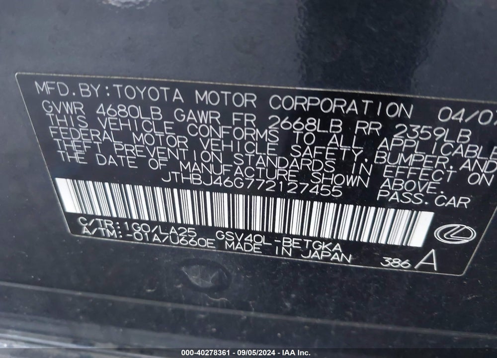 2007 LEXUS ES 350 VIN: JTHBJ46G772127455