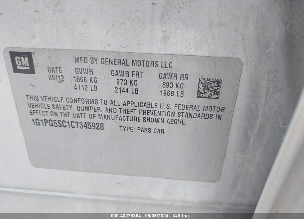 2012 CHEVROLET CRUZE 2LT VIN: 1G1PG5SC1C7345928