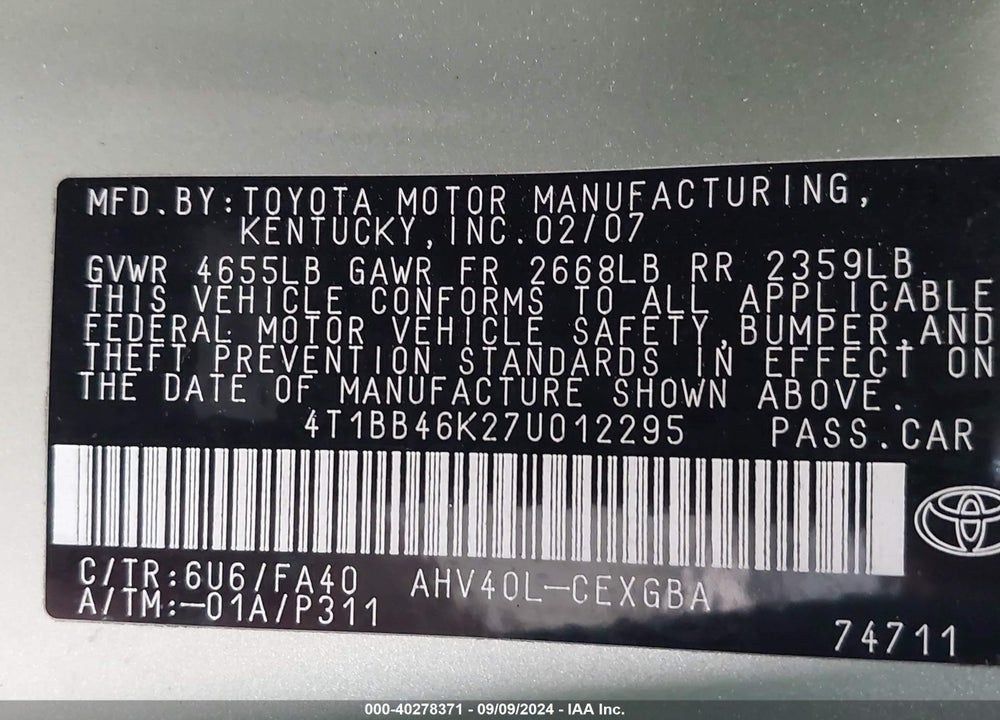 2007 TOYOTA CAMRY HYBRID VIN: 4T1BB46K27U012295