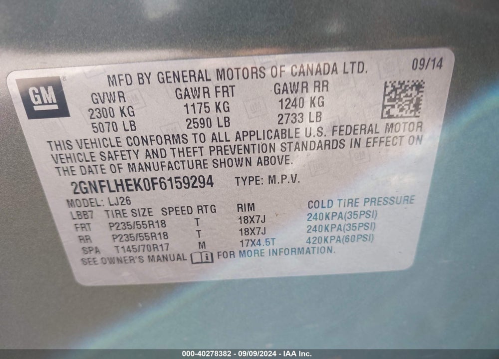 2015 CHEVROLET EQUINOX LTZ VIN: 2GNFLHEK0F6159294