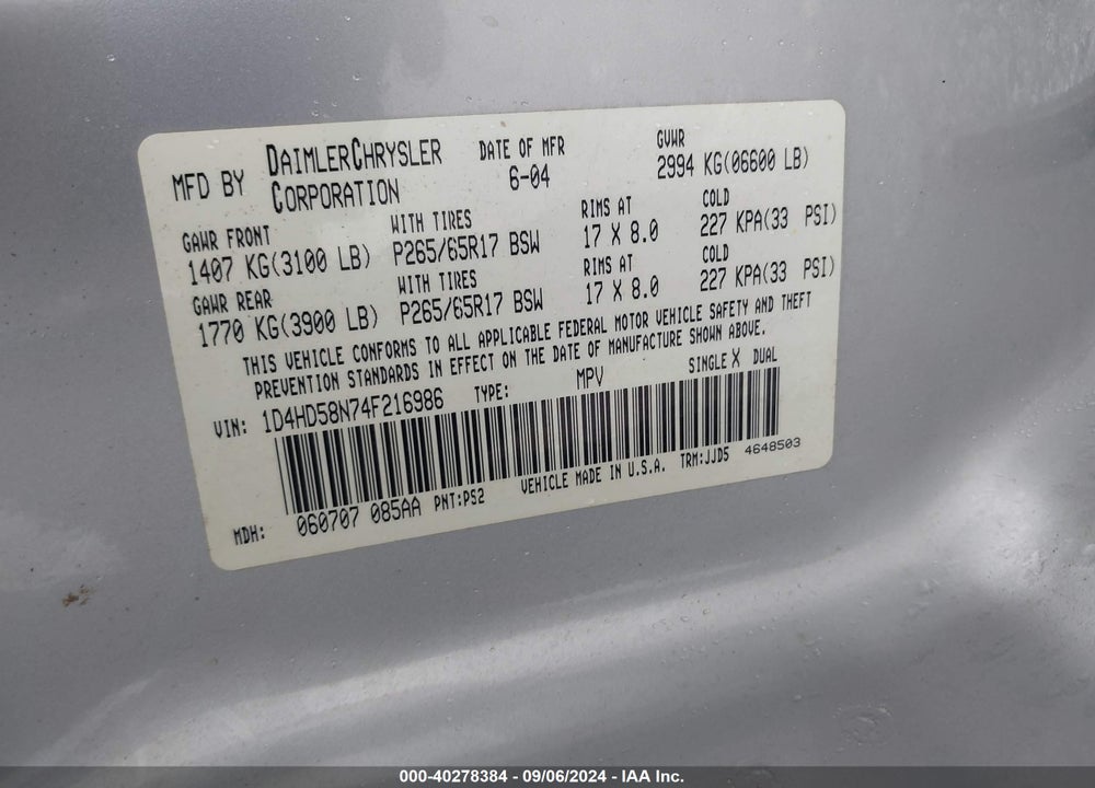 2004 DODGE DURANGO LIMITED VIN: 1D4HD58N74F216986