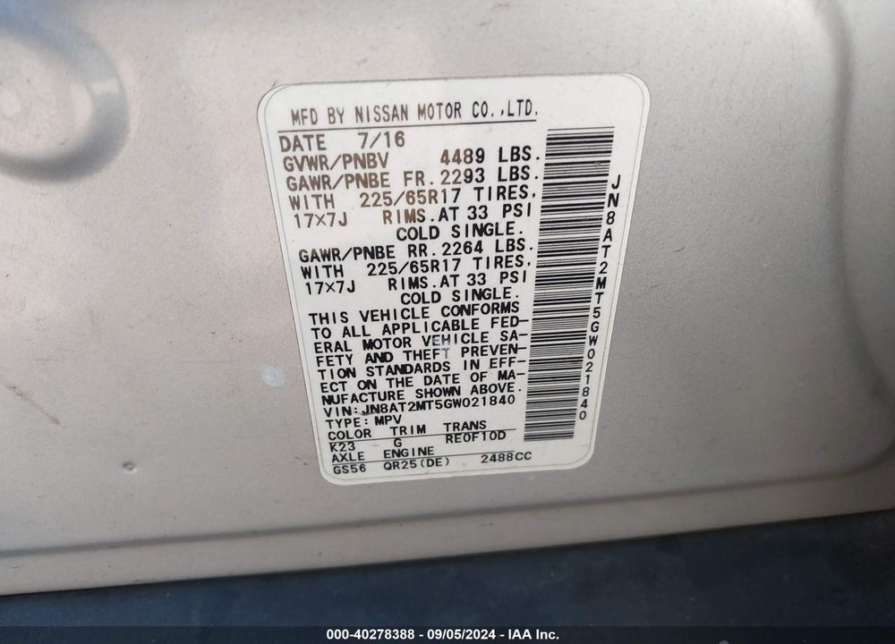 2016 NISSAN ROGUE S VIN: JN8AT2MT5GW021840