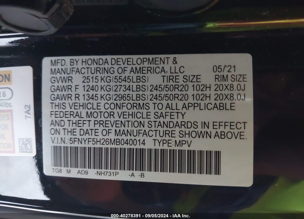 2021 HONDA PILOT 2WD SPECIAL EDITION VIN: 5FNYF5H26MB040014